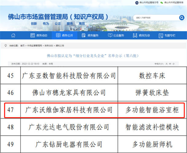 麻将胡了网址重磅！富兰克浴室柜母公司——沃维伽企业被认定为“浴室柜细分行业龙头企